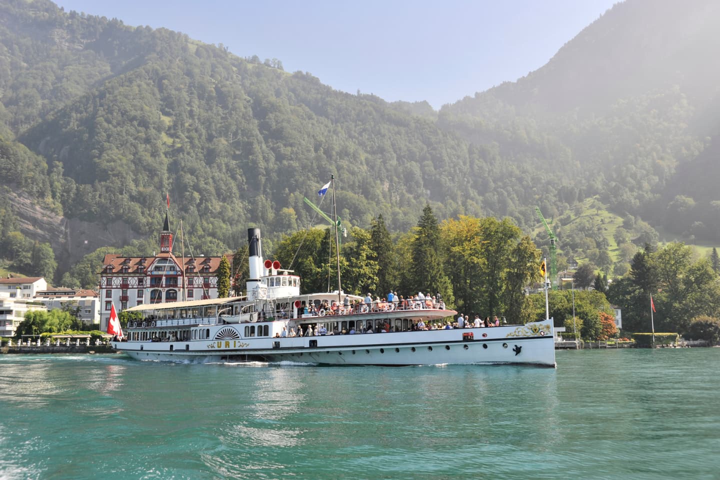 Paddle steamer on Lake Lucerne with mountains behind